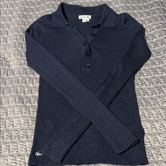 Lacoste Tops - Lacoste Women's Dark Blue Ribbed Button Down Cotton/Cashmere Sweater Size 34